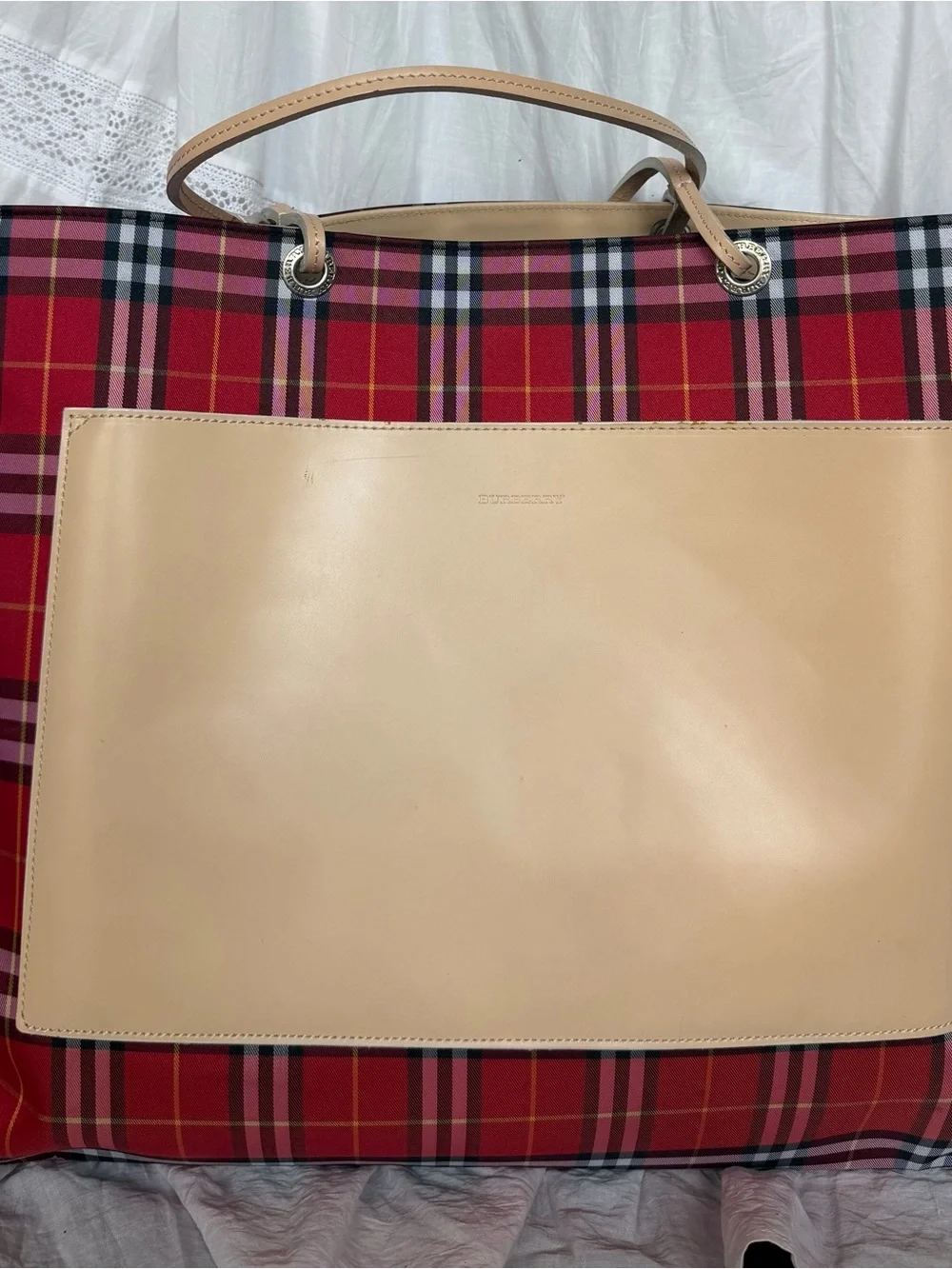 Burberry Red Plaid Tote with Beige Leather Panel